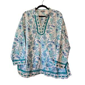 Soiree Floral Tunic Top Women 1X Teal Blue Floral Cotton Pom Pom Trim Boho Beach
